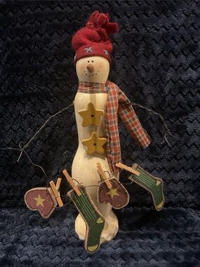Folk Art Holiday Snowman Decor with Red Hat and Plaid Scarf 10”